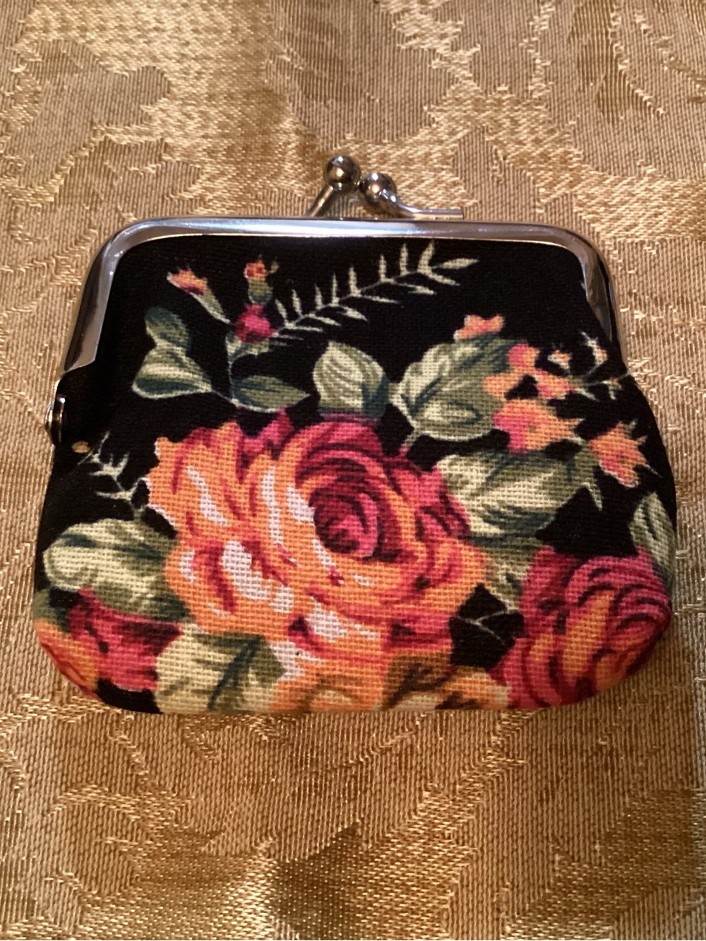 Floral Kiss-Lock Coin Purse - Black with Peach and Orange Roses